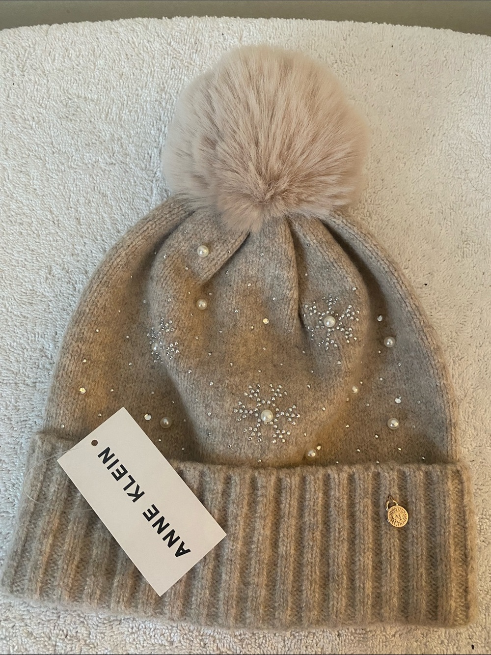 Anne Klein Taupe Knit Beanie with Faux Fur Pom and Pearl Accents